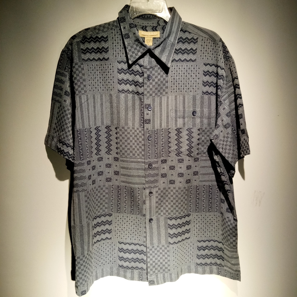 KONA KAI Shirt Men's Large Hawaiian/Geometric Print Blue/Gray Silk blend GUC